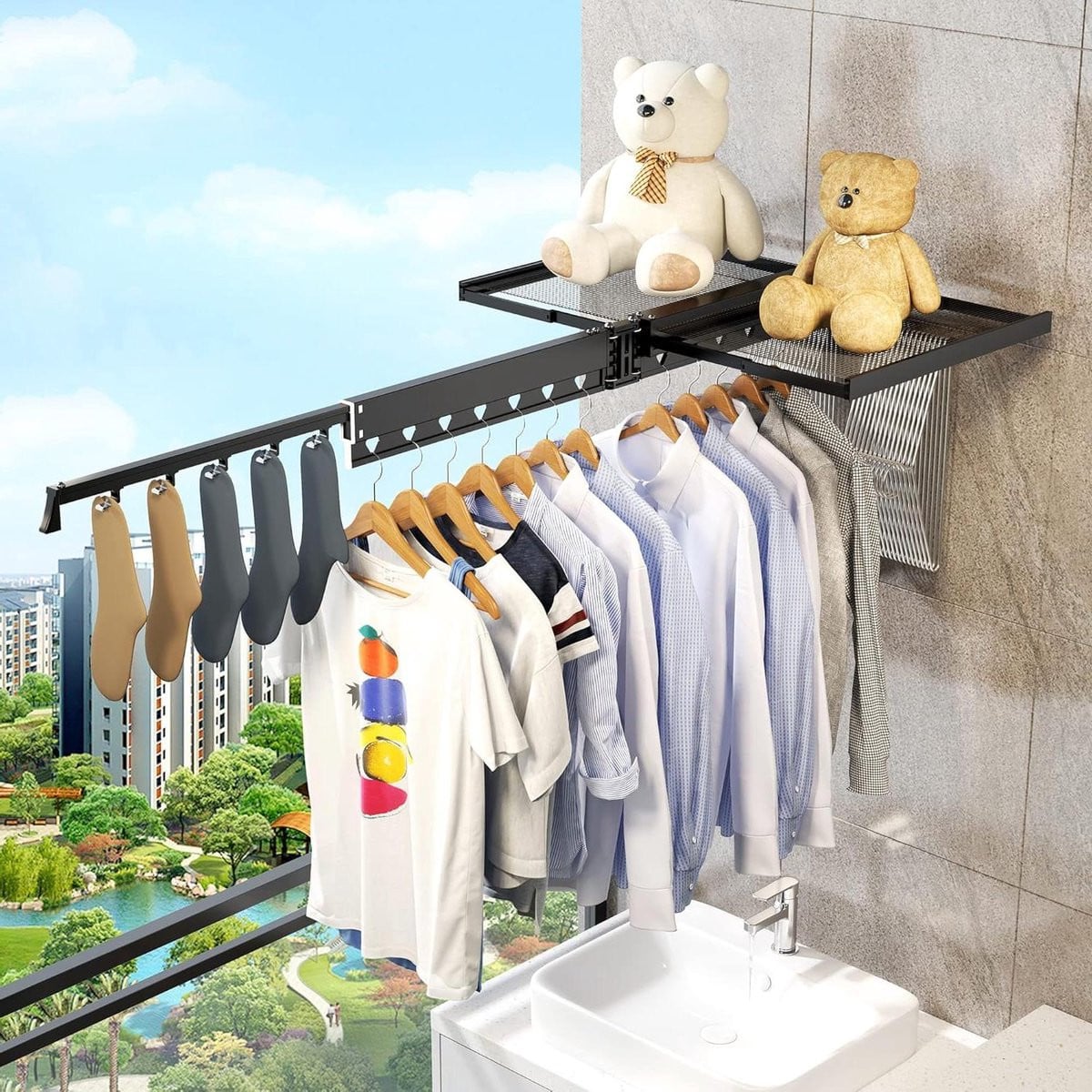 Zwart Wandrek Kleding Droogrek voor Badkamer en Balkon met BinnenNet - Groot Formaat
