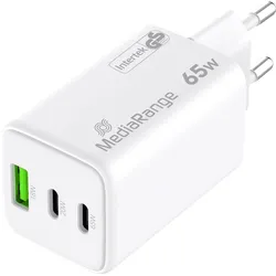 MediaRange Schnellladeadapter, GaN, 2x USB-C und 1x USB-A, PD & QC, 65 Watt, 3er-Set (65 W, 3 Ports), USB Ladegerät, Weiss