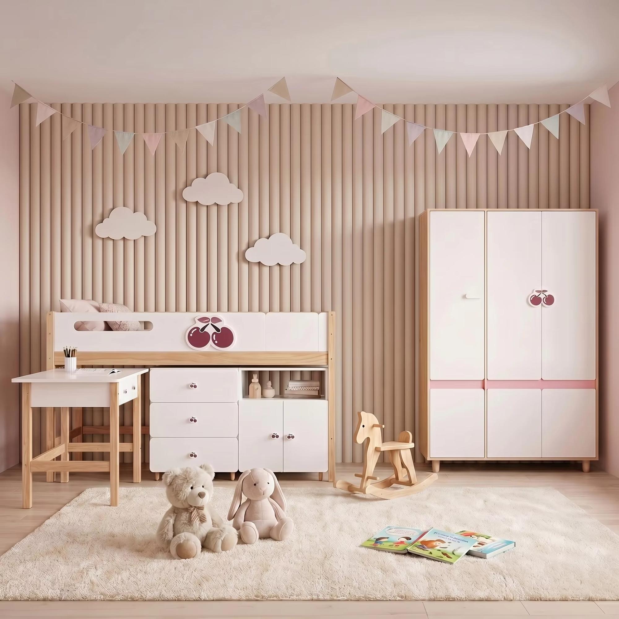 Kinderzimmer-Set GINGER HOME CHERRY mit Kombibett 90 x 200 cm, Schreibtisch, Kommode, Schrank und dreitüriger Kleiderschrank, Weiß, Rosa und Naturholz