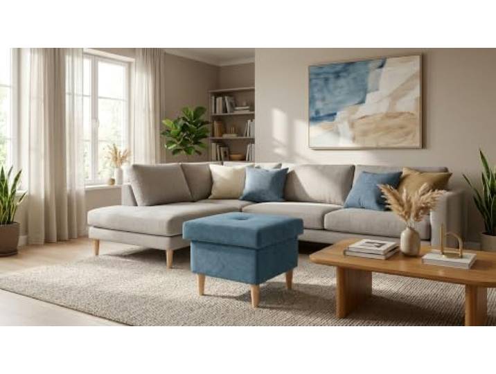 Family Meble Polsterhocker Ari Design – Fußhocker mit Stoff-Bezug und Stauraum – Hellblau · Aura 17