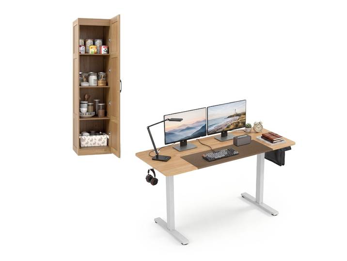 Lange Verstelbare Tafel in Industriële Stijl Elektrisch in Hoogte Verstelbaar Bureau Naturel+150 cm Hoge Opbergkast Vrijstaande 4-laagse Bodemkast