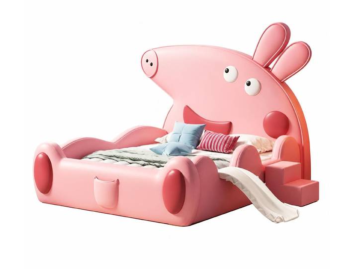 JVmoebel Kinderbett Rosa Kinderbett mit Rutsche Peppa Pig Leder für Mädchen Kindermöbel, Made in Europa