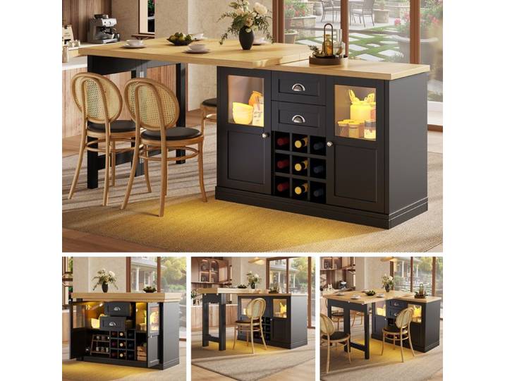 Table à manger extensible - Extensible 120-197cm - Rotation 360° - Éclairage LED 3 couleurs