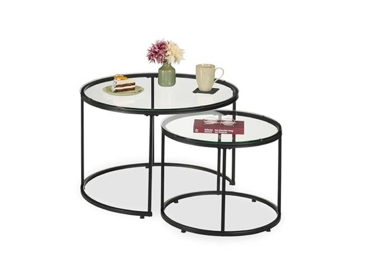 Relaxdays Satztisch 2er Set, Glas & Metall, Wohnzimmer & Flur, runde Beistelltische, für die Couch, transparent/schwarz