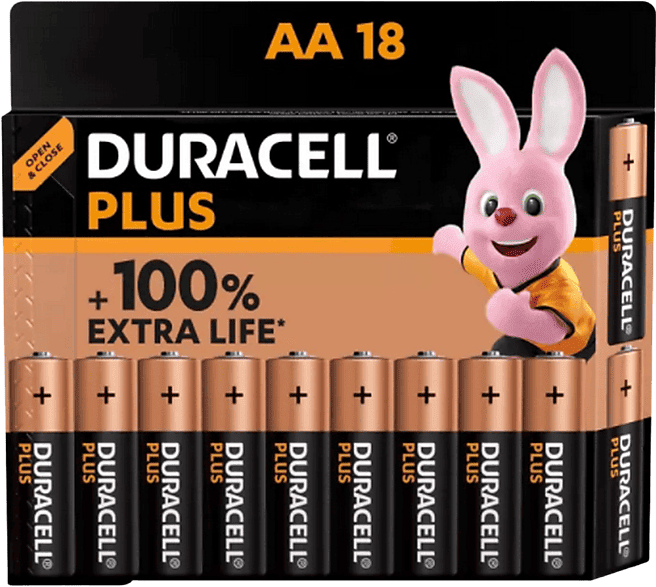 Pilas AA - Duracell PLUS alcalinas MN1500 LR6 / LR06, 1.5 Voltios, Paquete de 18, Negro
