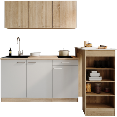 Pantryküche RESPEKTA "Ingrid, inkl. Tresentisch", braun (küche: weiß, front: weiß, eiche nordic, korpus: eiche nordic, arbeitsplatte: eiche nordic), B:150cm H:200cm T:60cm, Komplettküchen-Sets, zerlegt, wahlweise mit Kühlschrank,...