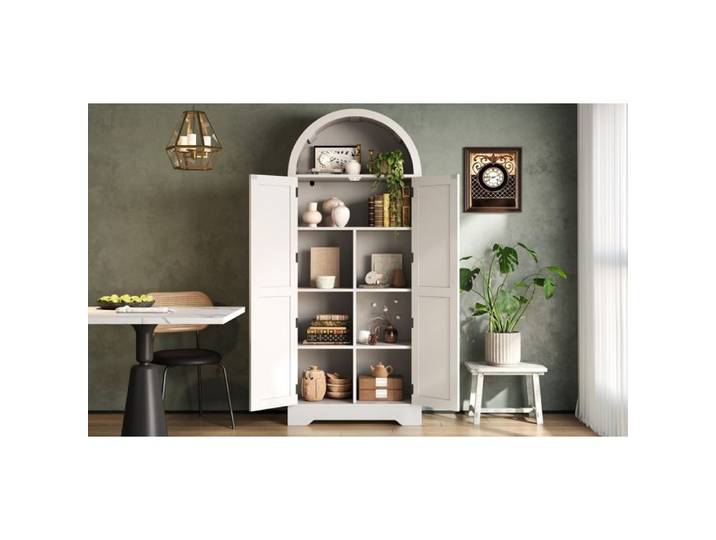 WOVREO Vitrine blanche 70 x 35 x 170 cm armoire haute 2 portes avec niche ouverte arquée MDF
