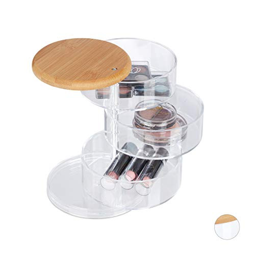 Relaxdays Make-up organizer met 3 draaibare etages, rond, bamboe en transparant plastic