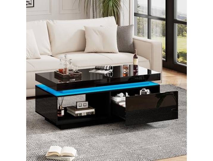 Merax Couchtisch in Hochglanz Schwarz, Moderner Wohnzimmertisch mit LED Beleuchtung, Kaffeetisch mit Schubladen, offenen Fächern, Sofatisch Beistelltisch Teetisch, Rechteckiger Mitteltisch für Büro