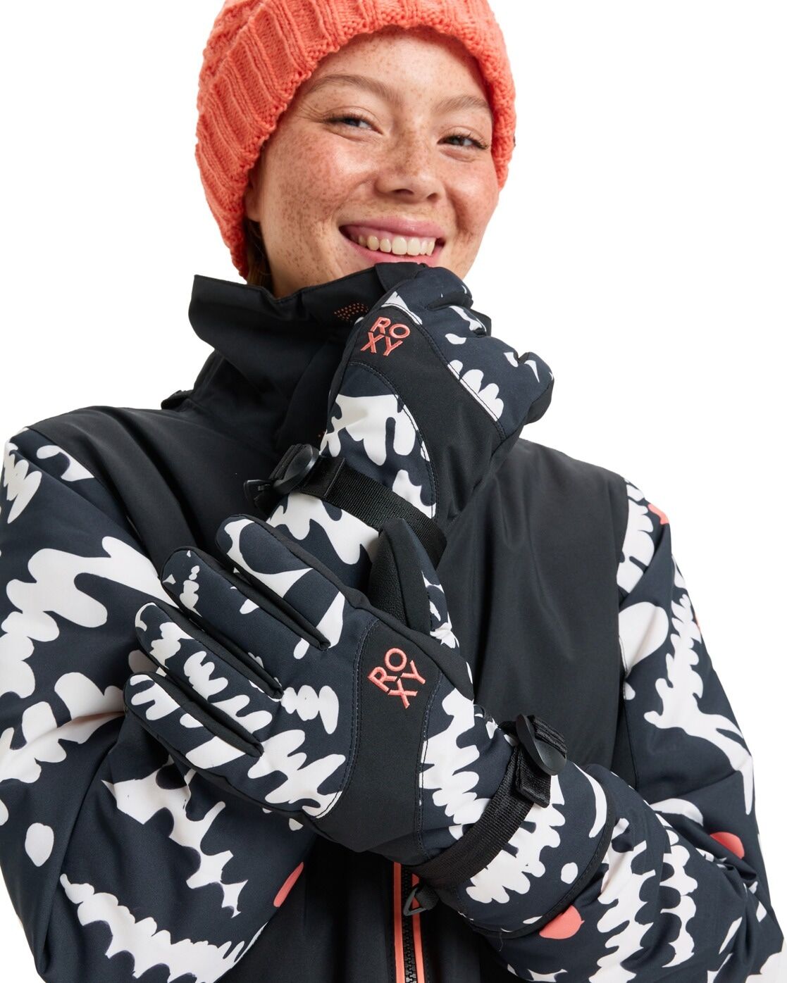 Snowboardhandschuhe ROXY "Roxy Jetty", Damen, Gr. S, schwarz-weiß (schwarz big flower), Obermaterial: 50% Polyester, 50% Polyurethan., Handschuhe Snowboardhandschuhe
