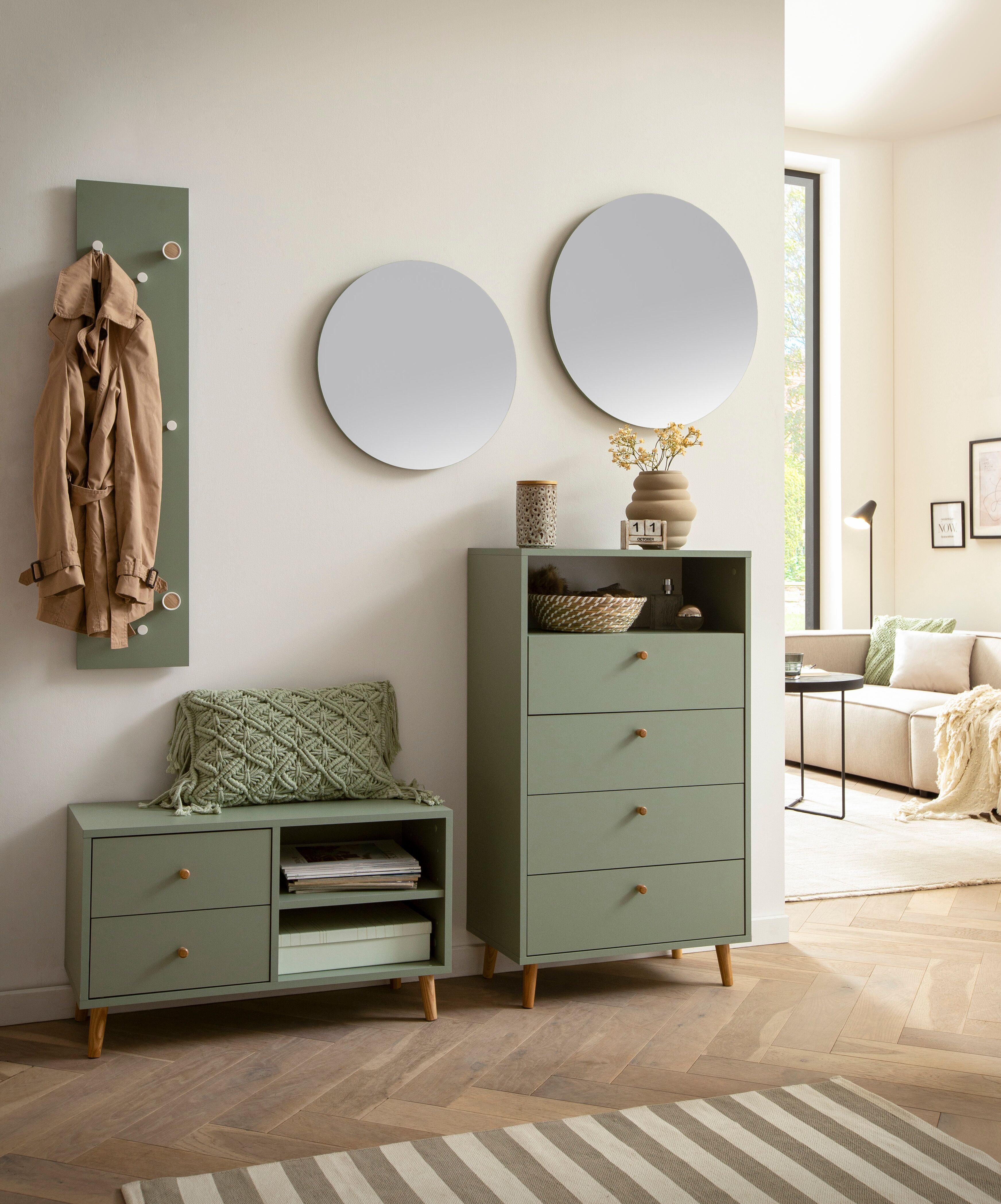 Kommode SCHILDMEYER "Bjarne, Highboard, Made in Germany, B: 60 cm", grün (pistazie), B:60,2cm H:104,4cm T:33cm, Sideboards, Kommode, Solide Verarbeitung - Dieses Produkt ist in Deutschland gefertigt pistazie B/H/T: 60,2cm x 104,4cm x 33cm, 4 Stk.