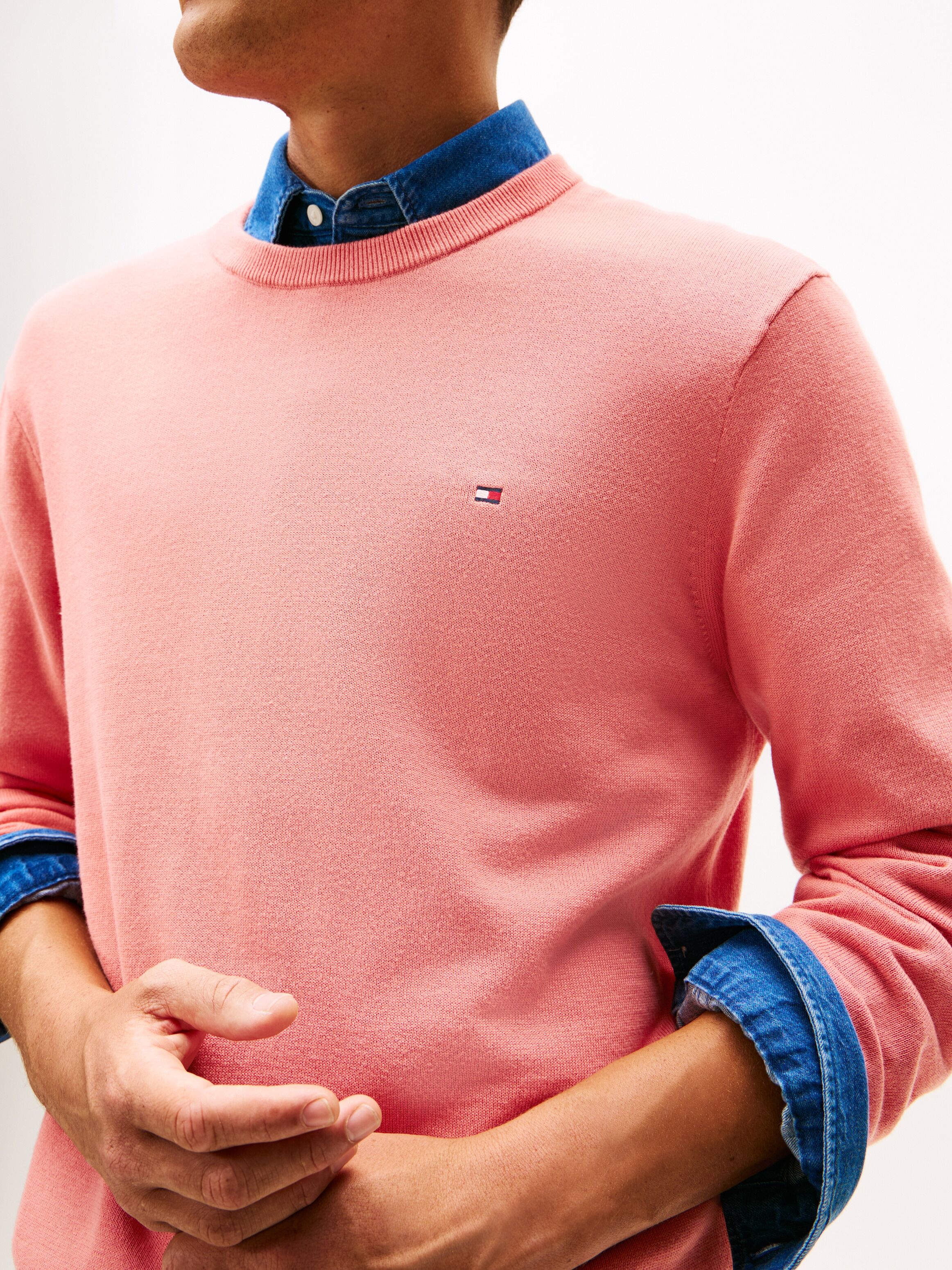Rundhalspullover TOMMY HILFIGER "ESSENTIAL COTTON", Herren, Gr. S, rosa (camellia blush), Strick, Obermaterial: 100% Baumwolle, regular fit, Rundhals, Rippbündchen, Pullover Rundhalspullover, Crewneck Regular Fit Premium Mode camellia blush S