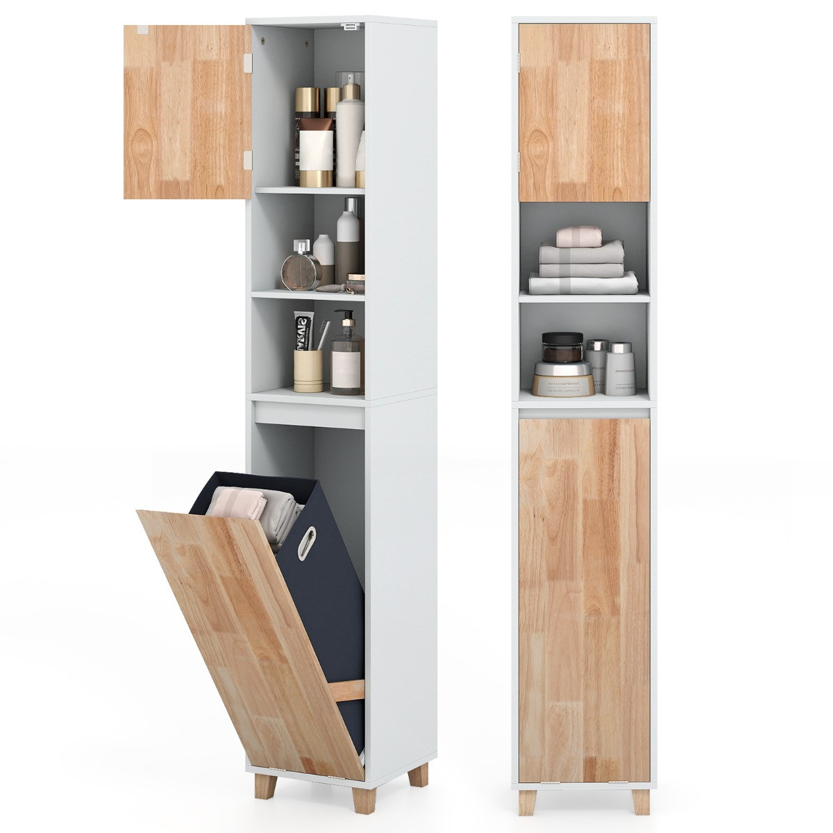 Costway Schuine Wasmandkast Hoge Badkamerkast Wit en Natuurlijk Hout