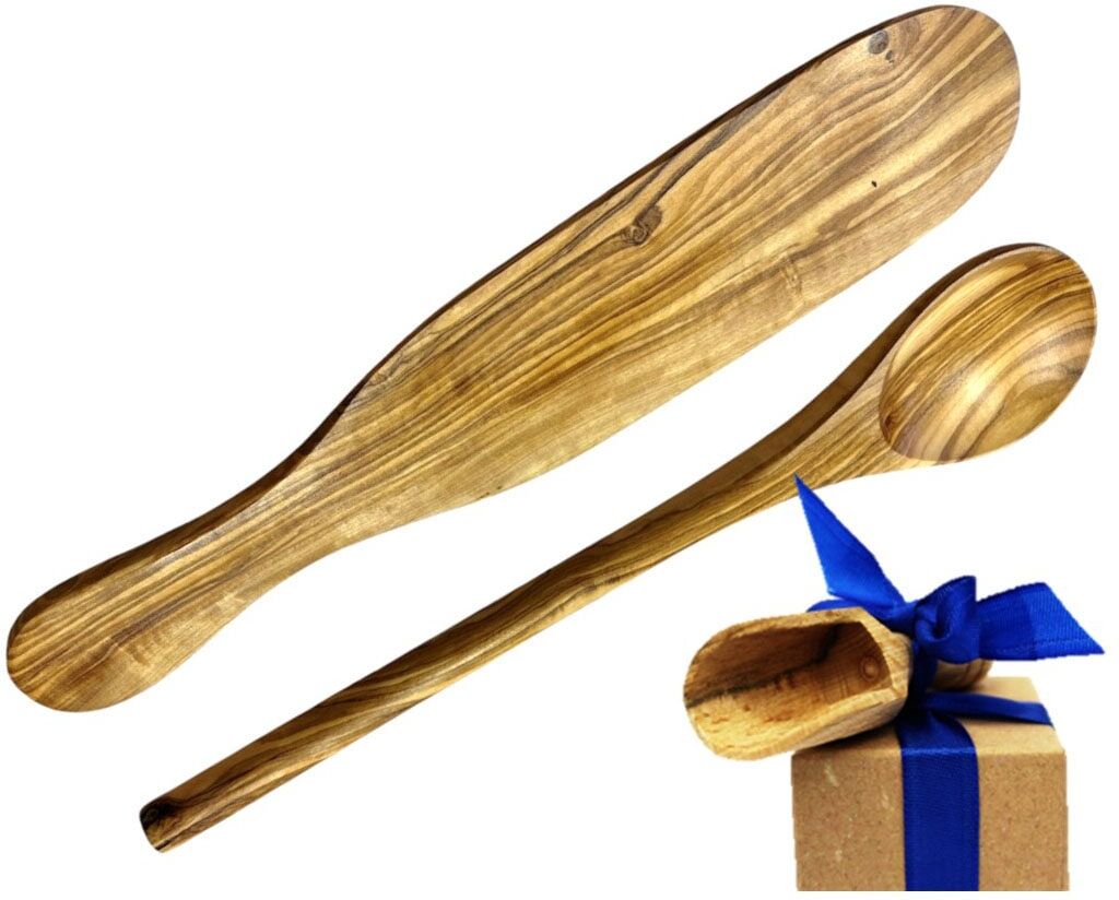 Kochlöffel OLIVENHOLZ-ERLEBEN "Crêpes-Wender und Kochlöffel rund aus Olivenholz", braun, L: 30cm, Massivholz, Kochlöffel, Kochlöffel, Crêpes-Spatel und Kochlöffel aus Olivenholz sind schonend zu Pfannen