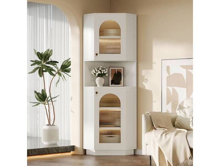 Armoire de Salle de Bain avec bande lumineuse - Colonne - avec 2 Porte - étagères réglable - meuble d\'angle 167cm de haut - Blanc