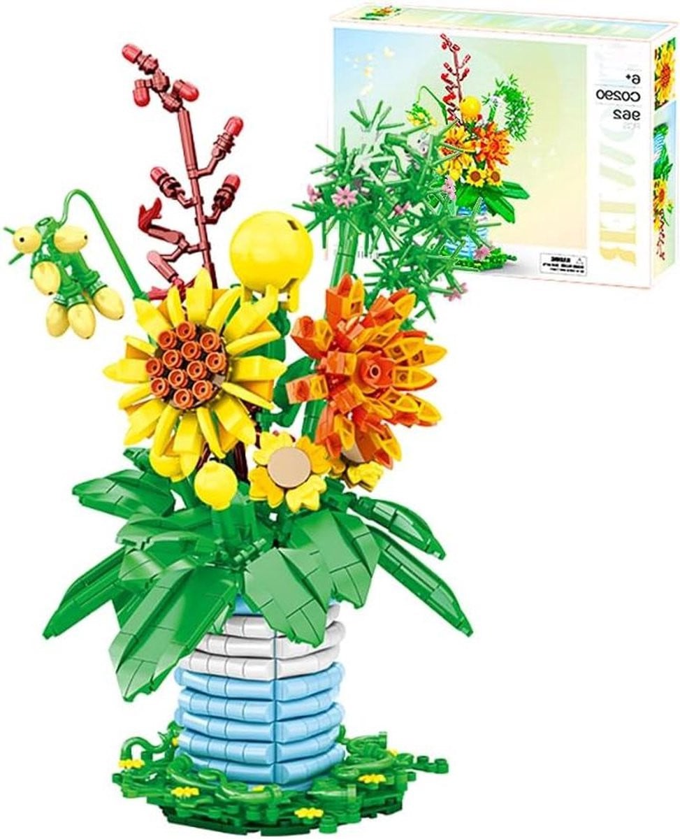 Bloemen boeket bouwset met zonnebloemen en vaas - 876 stuks kunstbloemen decoratie