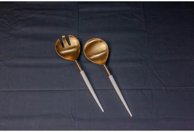 BIDK Home Set of 2 Gold Salad Servers w/ White Resin Handles in Giftbox - Gold & White