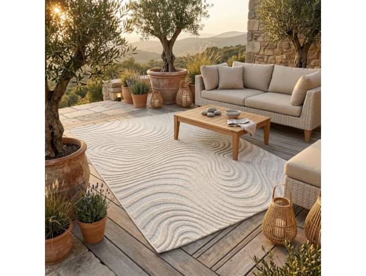 Classy Creme Wellen – Wetterfester Outdoor Teppich für Innen & Außen