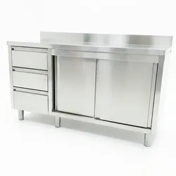 Romux® Edelstahltisch für Gastronomie zur Wandmontage mit 3 Schublade und 2 Schiebetüren 1500x700x850 mm | Arbeitstisch aus Edelstahl für Restaurant