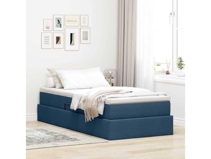 RJPLMFV Bett mit Stauraum und Matratze, blau, 100 x 200 cm, Polyester Rahmen aus Metall, hydraulisches Heben, Matratze aus Schaumstoff und Taschenfedern, mittlere Festigkeit