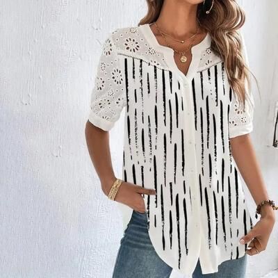 Uplift Essentials Casual Lace Womens Shirt Elegant Loose Short Sleeve Blouse For Holiday And Weekend Wear s black