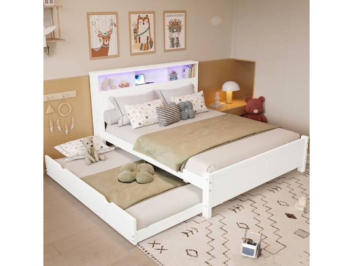 Lit Double Familial Stable Blanc 120x200 cm avec Lit Tirant 90x190 LED Prise USB et Rangements Pin et MDF pour Enfant et Ado