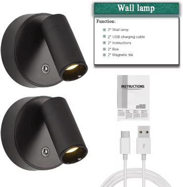 Inspire Picks 4PCS Rechargeable Magnetic LED Wall Lights 350 Rotatable Touch Dimmable Bedside Lamps black 2pc