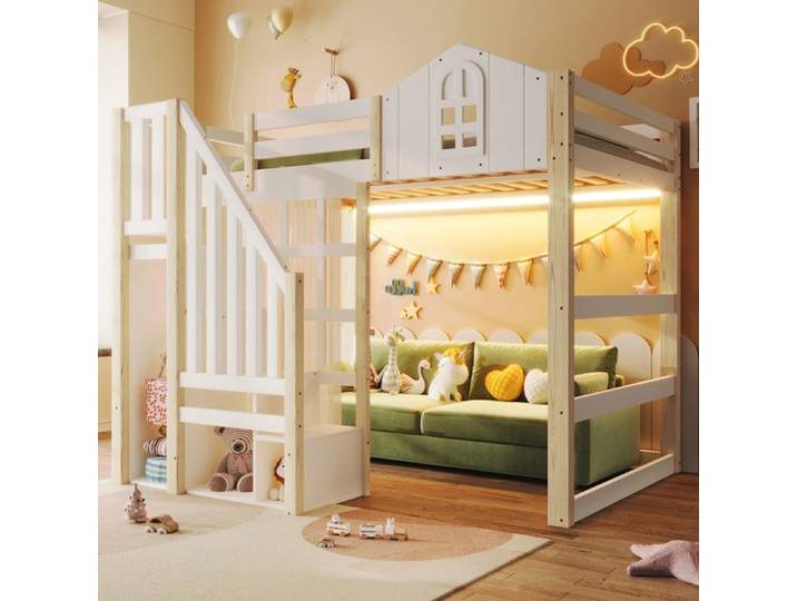 Bladez - Lit mezzanine 140x200cm Lit enfant avec échelle de rangement Lit étudiant avec éclairage LED et fenêtre - Blanc et bois