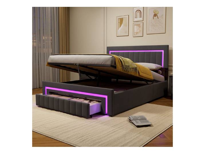 STILVORA Polsterbett 160×200 mit bettkasten,Funktionbett Boxspringbett mit LED & Schubladen (verstärkter Metallrahmen, stabiler Lattenrost, Gepolstertes Kopfteil, Bettkasten mit Hydraulik, Bettgestell mit Gepolstertes Kopfteil), mit einem Hebeseil, Samt-Stoff, Grau