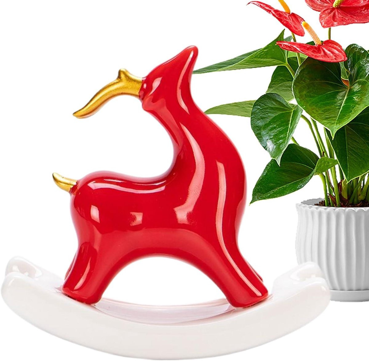 Rood Keramisch Herten Figuur - Interactief Schommelend Bureau Decoratie - B/D/H: 6 x 12 x 6 cm