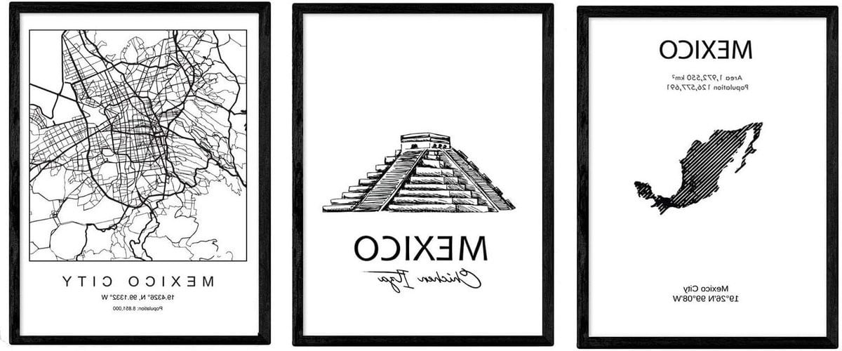 Poster set met stadskaarten en monumenten voor wanddecoratie, A3 formaat, multicolor