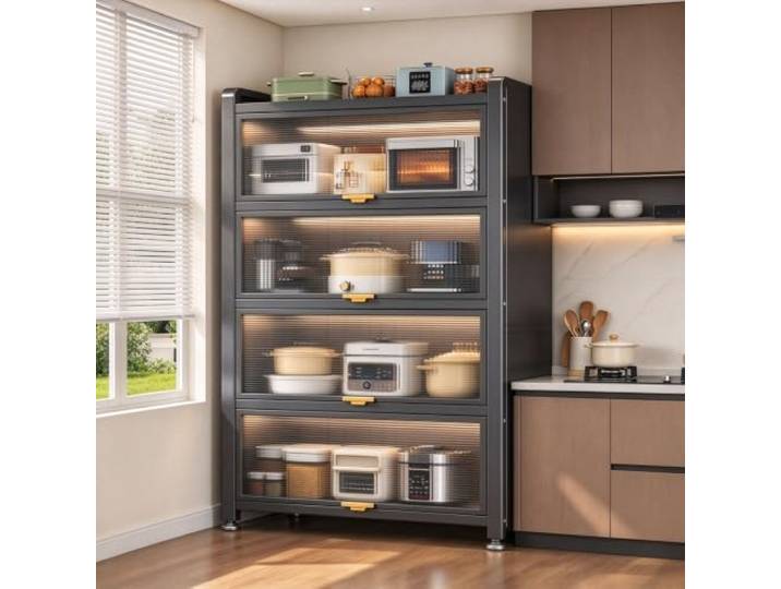 LJWFZBD Küchenschrank mit transparenten Türen, freistehendes Küchenregal Stabiler Metallrahmen, klappbare PC-Türen,platzsparend, Befestigung mit Schrauben(5 Tiers-27.6 W*12.6 D*58.7 H)