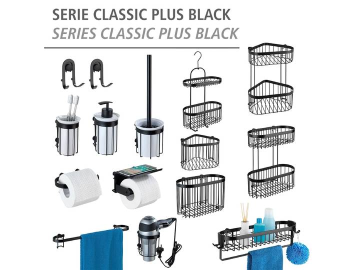 Badregal WENKO Classic Plus Black , schwarz, B:12,5cm H:47cm T:26,5cm, Stahl, Regale, Badregal, 1 Ablage, 1 Korb