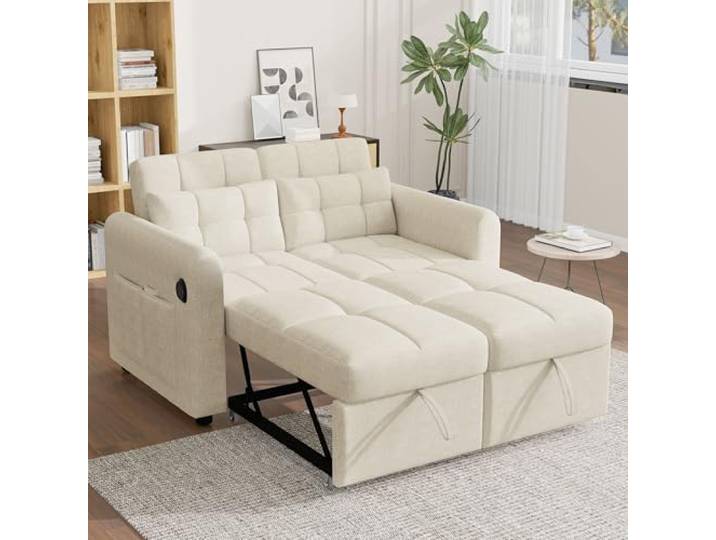 Merax Kompaktes Loveseat-Sofa 2-Sitzer, 3-in-1 Ausziehsofa mit USB, Aufbewahrungstaschen & Kissen – Modernes Schlafsofa für kleine Wohnungen