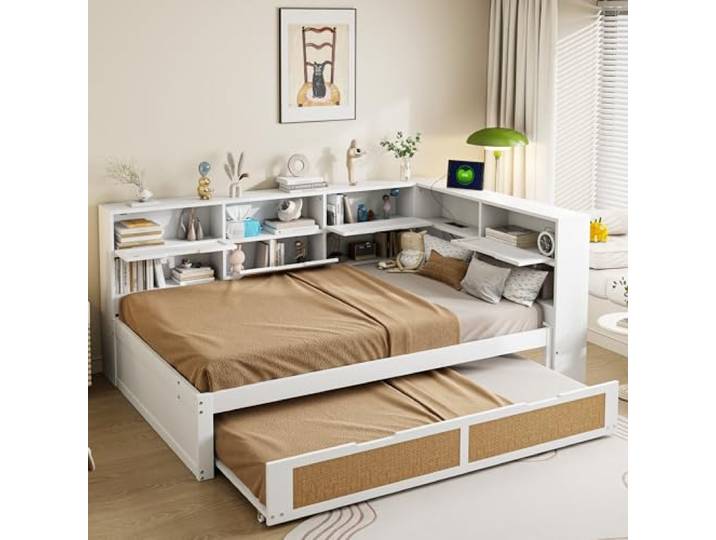 Merax Schlafsofa 140x200 cm mit Ausziehbett, Multifunktionales Einzelbett mit Stauraum und eingebauten Ladesteckdosen, Weiß