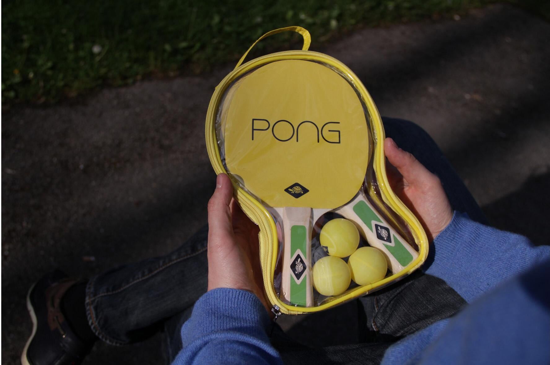 Tischtennisschläger DONIC-SCHILDKRÖT "Ping Pong", bunt (grün, gelb, holzfarben), Tischtennisschläger, Tischtennisschläger grün, gelb, holzfarben Einheitsgröße