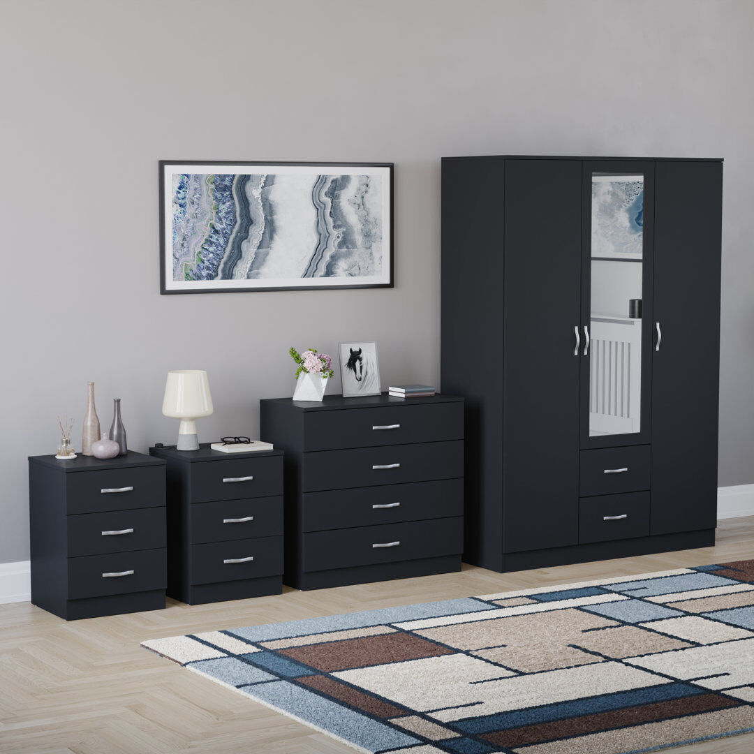 17 Stories Tayce 4 Piece Bedroom Set (3 Drawer Bedside Chest X2, 4 Drawer Chest, 3 Door 2 Drawer Mirrored Wardrobe) Black