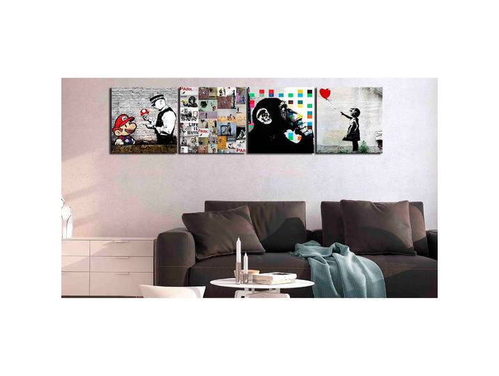 Tableau déco Collage Bansky 4 élém. Bois manufacturé / Tissu Multicolore 40 x 40cm