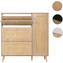 Rattan-Schuhkipper HWC-M37, Schuhregal Schuhschrank, 3 Kippfächer 2 Regalböden 127x120x24cm Holz Melamin ~ Eiche-Optik