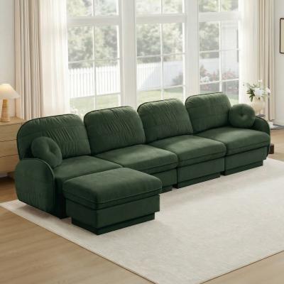 Loedds 137-inch 4-Seat L-Shaped Modular Sofa with 1 Movable Ottoman, Round Pillows and Quilted Cushions