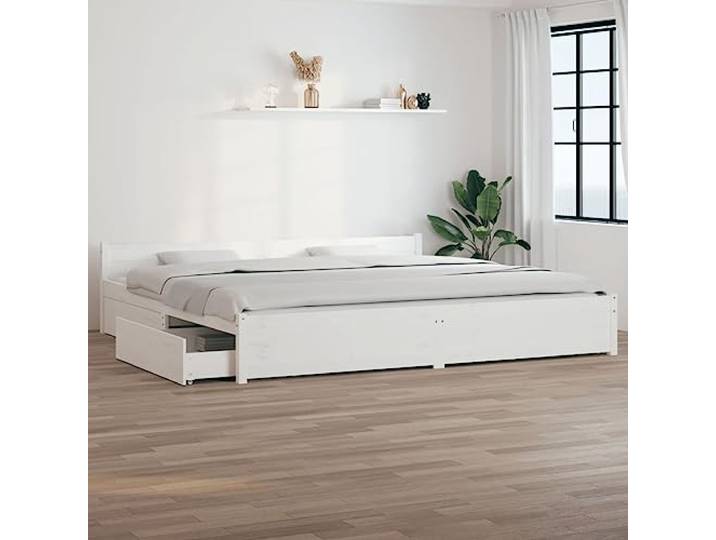 YNGBHFNOP Massives Kiefernholz Mit Schubladen Bettgestell Weiß 180x200 cm Bett mit Schubladen Weiß 180x200 cm Massivholz Bettgestell mit Kopfteil Stauraum Bett Lattenrost Ohne Matratze Schlafzimmer