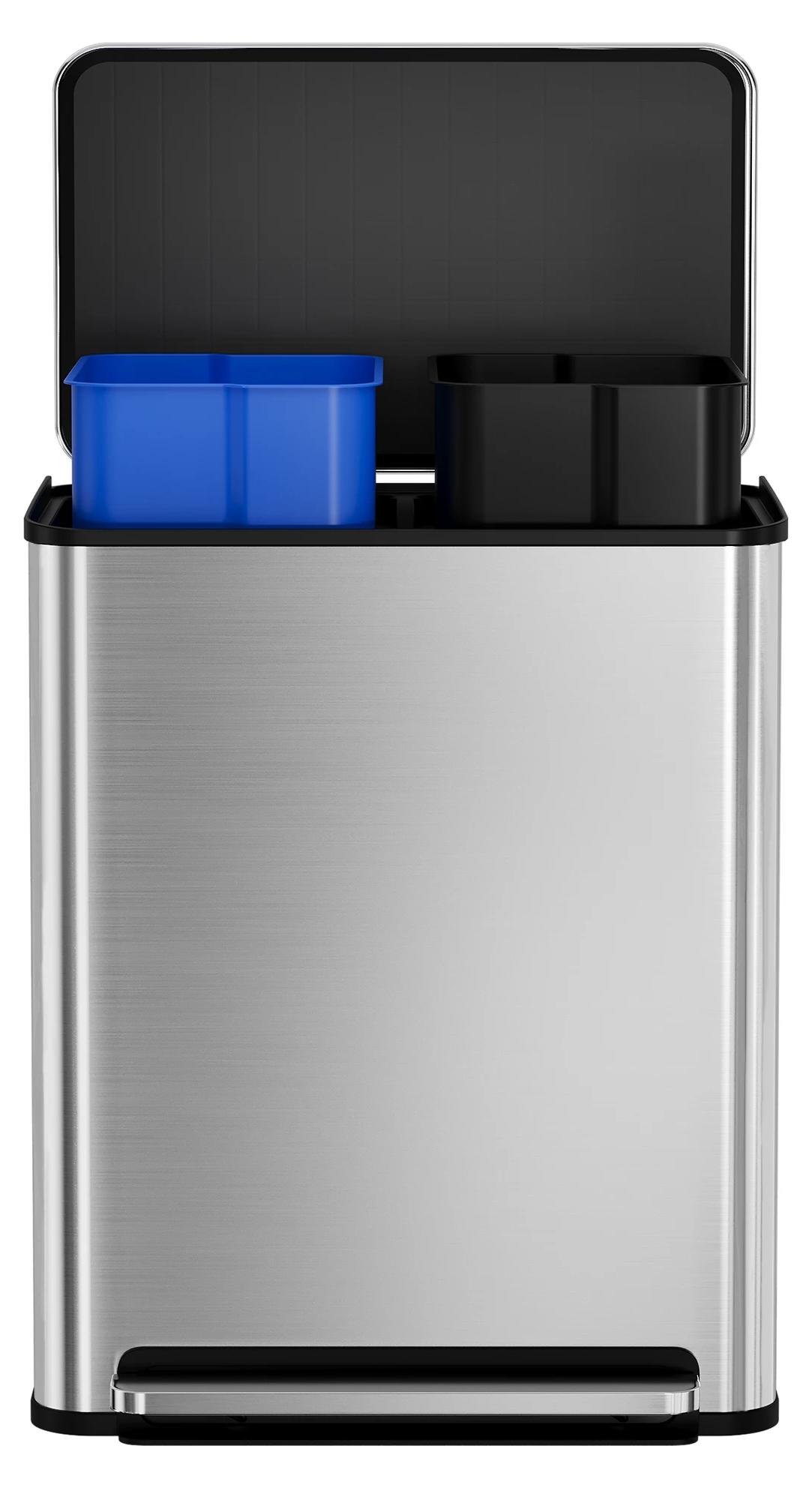 Abfalleimer - Küchenabfalleimer mit Doppelkammer - 60 l - Edelstahl - 2 Herausnehmbare 30-l-Eimer - Soft-Close-Deckel - Silber