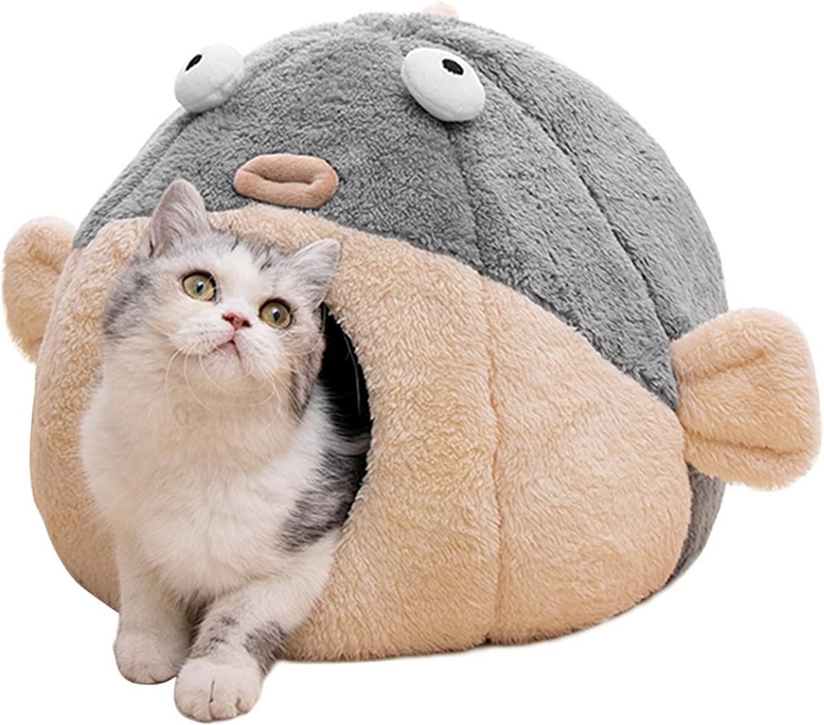 Grijs kattenbed met kogelvis ontwerp en gewatteerd pluche katoenen kussen, afneembaar en wasbaar