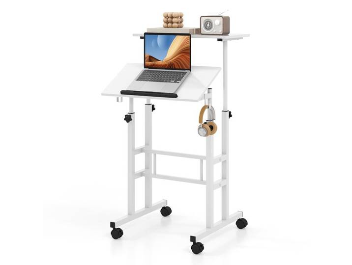 Bureau Assis-Debout à Roulettes COSTWAY - Hauteur Réglable - Style Moderne Blanc