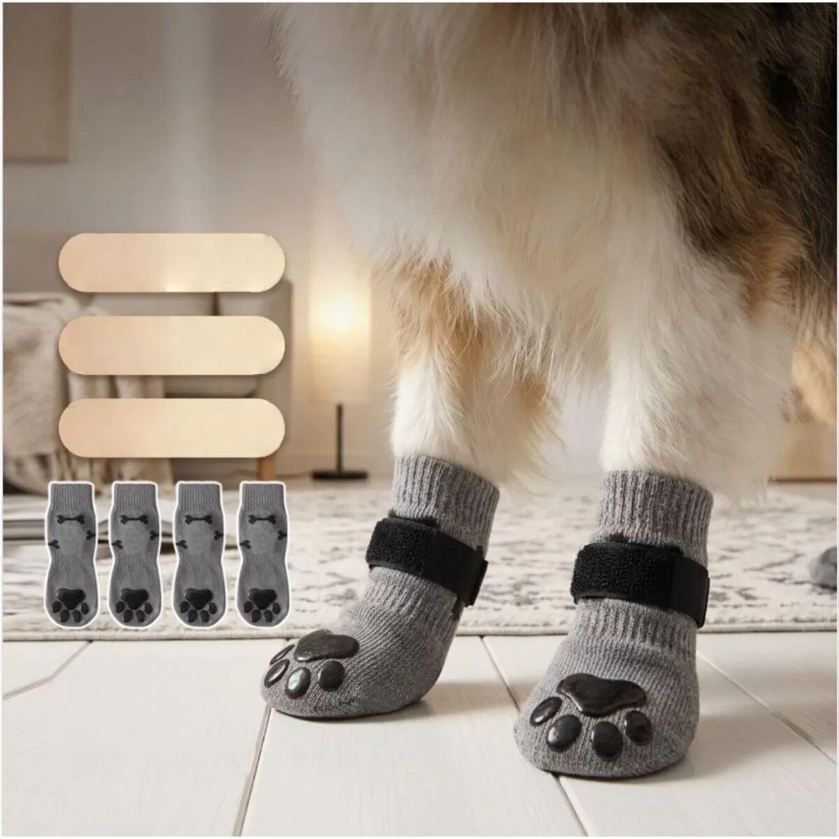INF XL beidseitige Grip-Hundesocken x4 – wasserdichte, rutschfeste Baumwoll-Pfotenprotektoren, sicher sitzend, ganzjährig Grau