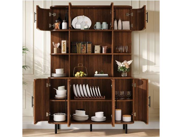 Buffet haut 8 portes en MDF façades effet tressé décor noyer et pieds en fer