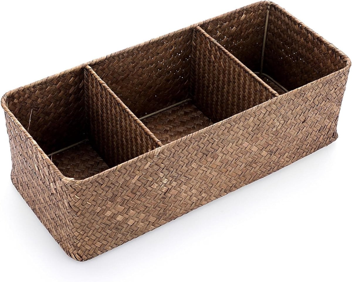 SnelShoppen Wicker Opbergmand met 3 Compartimenten - Gevlochten Organizer in Koffiekleur
