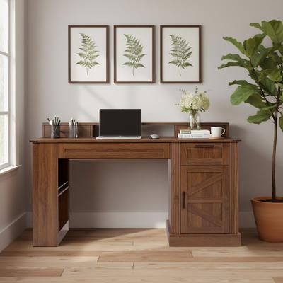 "55"" Farmhouse Office Desk with Storage Cabinet & Charging Station, Barn Door Design Computer Writing Desk with Keyboard Tray"