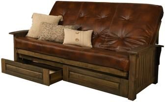Somette Washington Queen-size Storage Futon Set in Rustic Walnut with Faux Leather Mattress