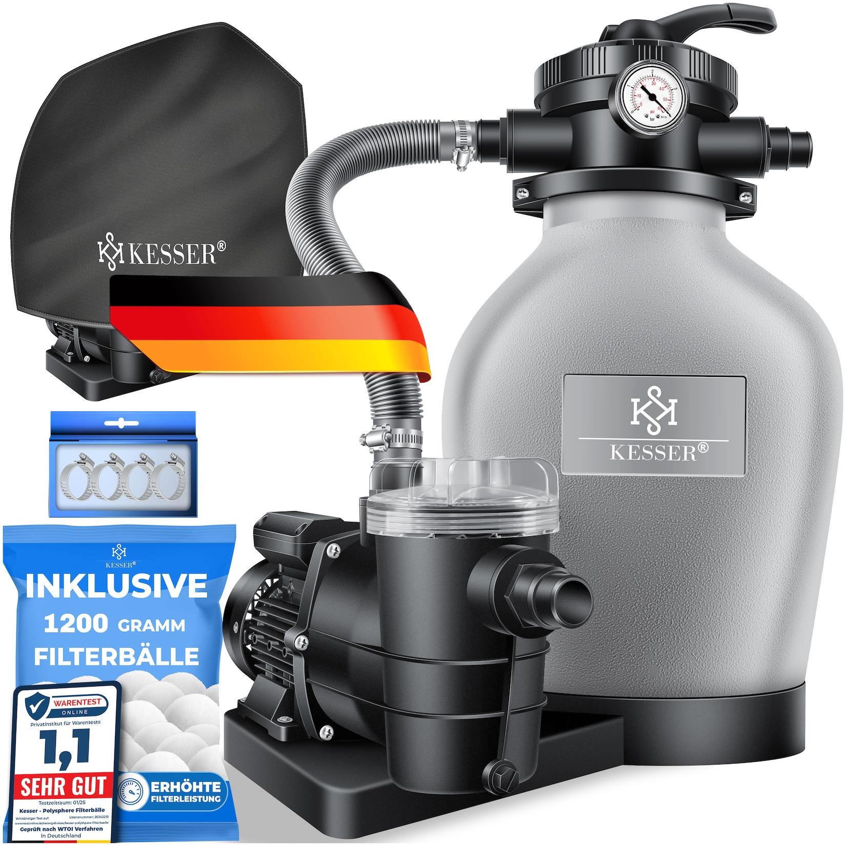 KESSER® Sandfilteranlage mit Pumpe & 1200g Filterbälle Poolfilter 600W Sandfilter für Pool 13200L/h Durchfluss Tankvolumen bis 30kg Sand 7-Wege Ventil mit Druckmanometer, Abdeckung & Zubehör